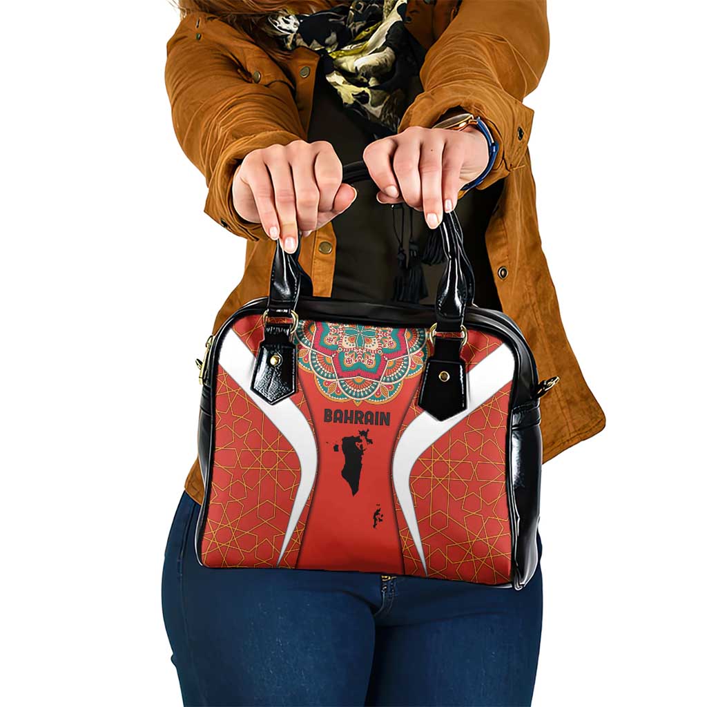 Bahrain Mandala Pattern Shoulder Handbag with National Map and Arabic Geometric Design