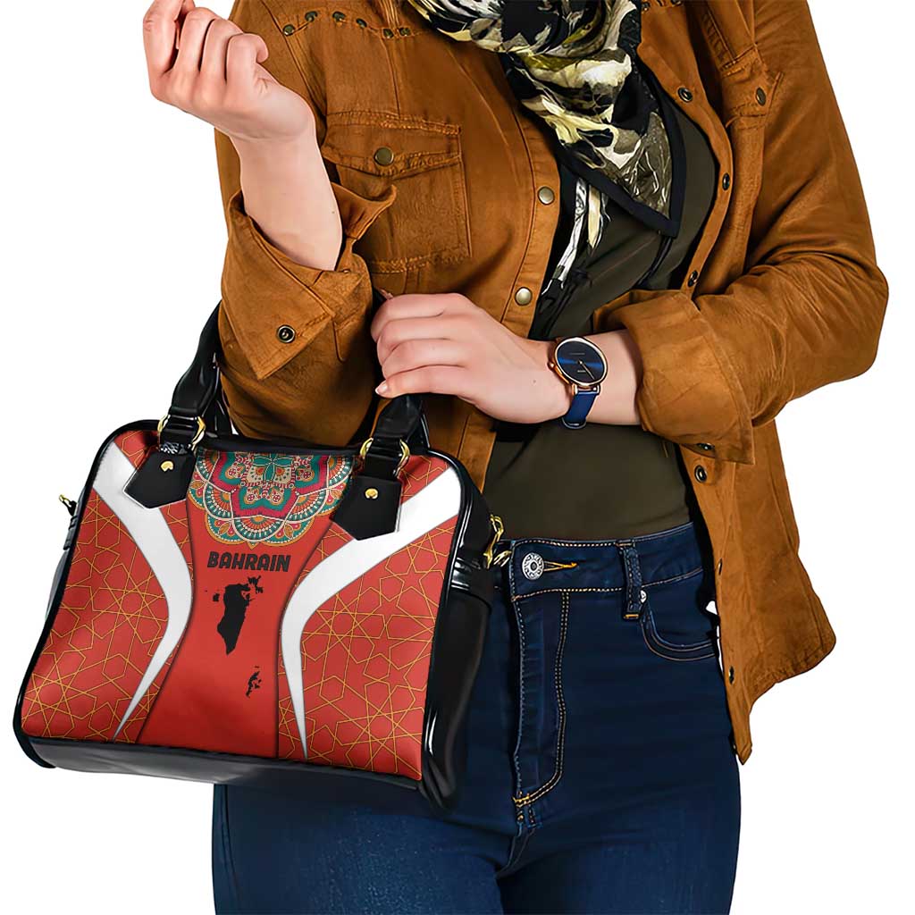 Bahrain Mandala Pattern Shoulder Handbag with National Map and Arabic Geometric Design