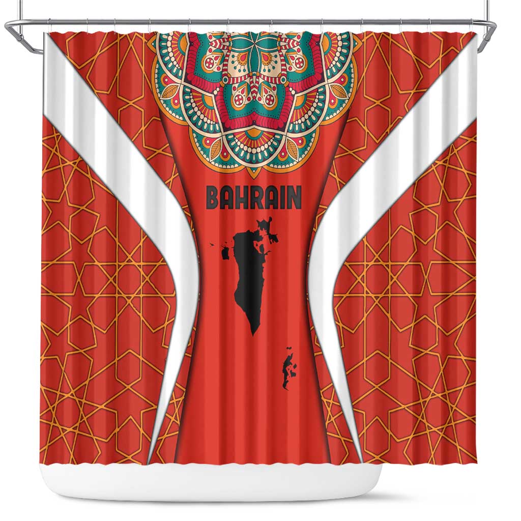 Bahrain Mandala Pattern Shower Curtain with National Map and Arabic Geometric Design