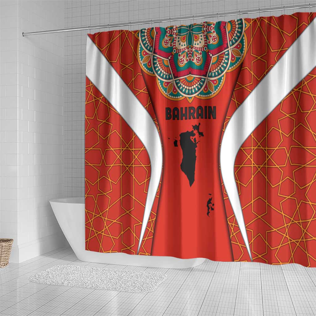 Bahrain Mandala Pattern Shower Curtain with National Map and Arabic Geometric Design