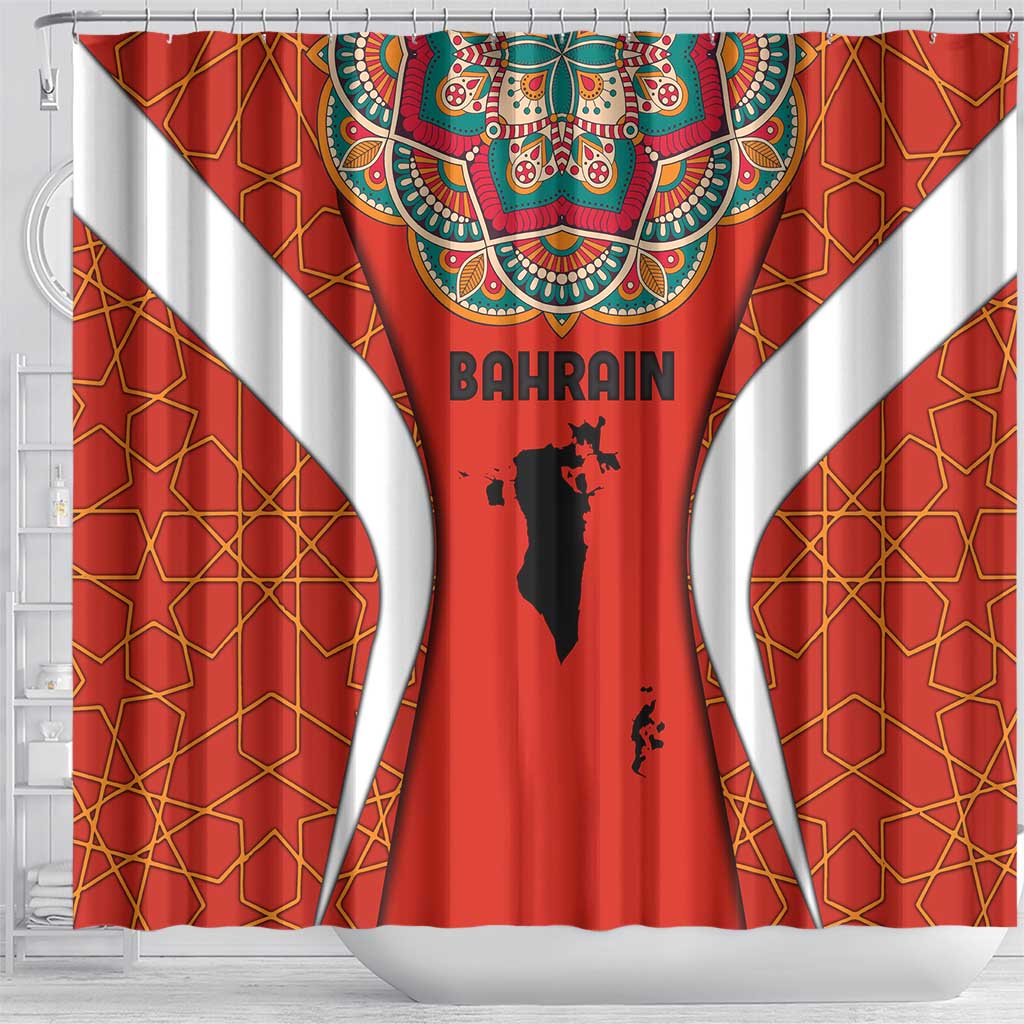 Bahrain Mandala Pattern Shower Curtain with National Map and Arabic Geometric Design