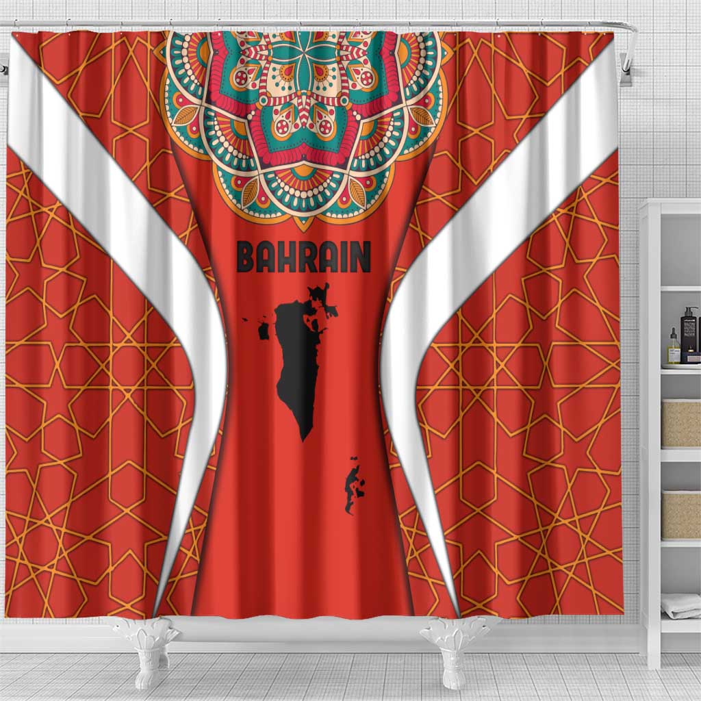 Bahrain Mandala Pattern Shower Curtain with National Map and Arabic Geometric Design