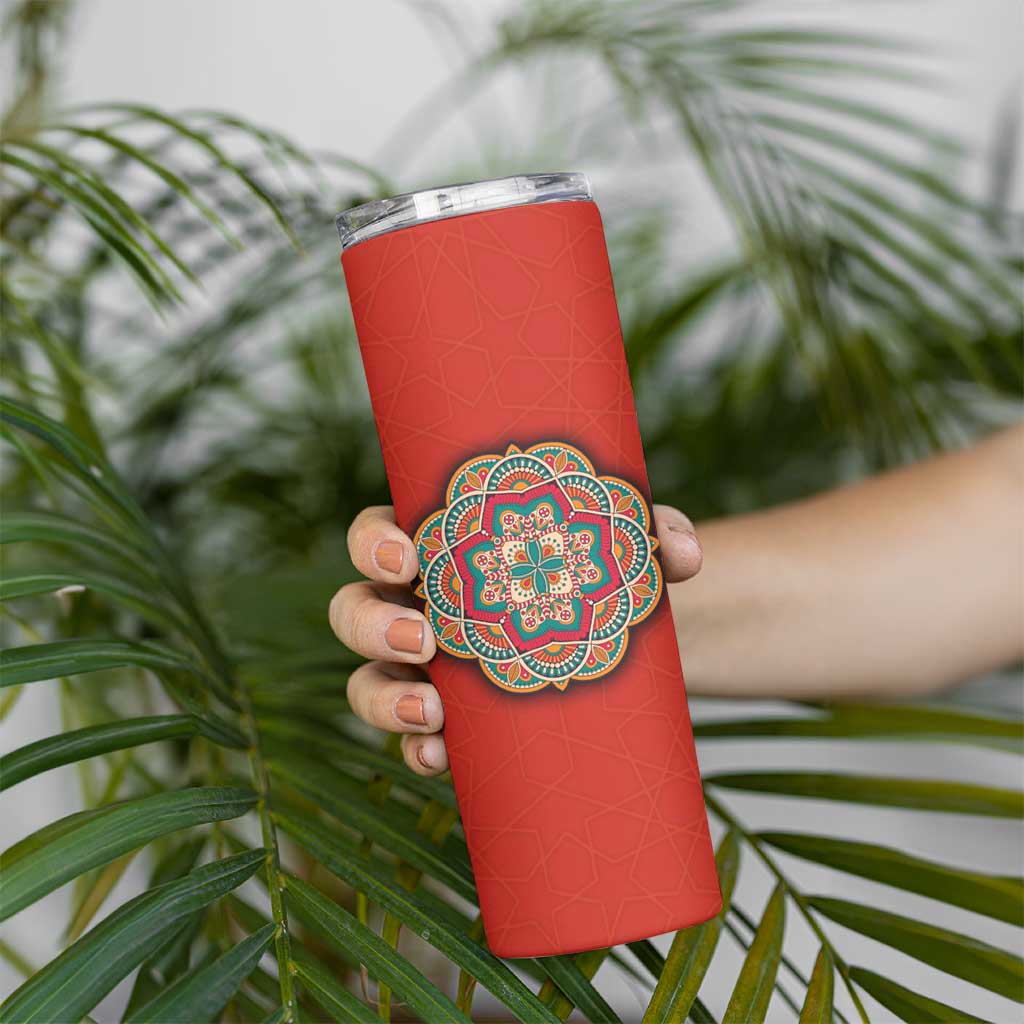 Bahrain Mandala Pattern Skinny Tumbler with National Map and Arabic Geometric Design