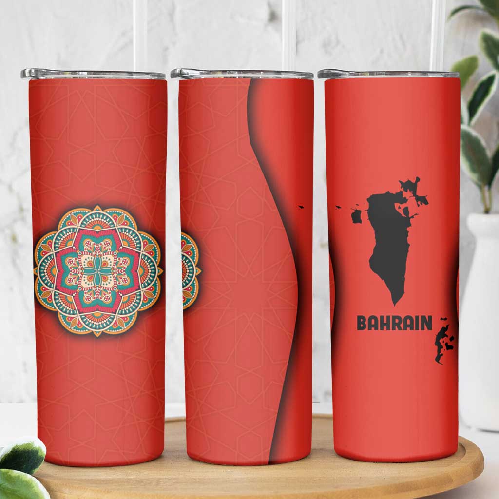 Bahrain Mandala Pattern Skinny Tumbler with National Map and Arabic Geometric Design