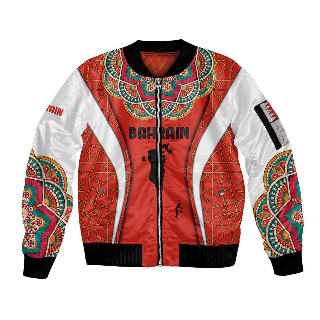Bahrain Mandala Pattern Sleeve Zip Bomber Jacket with National Map and Arabic Geometric Design