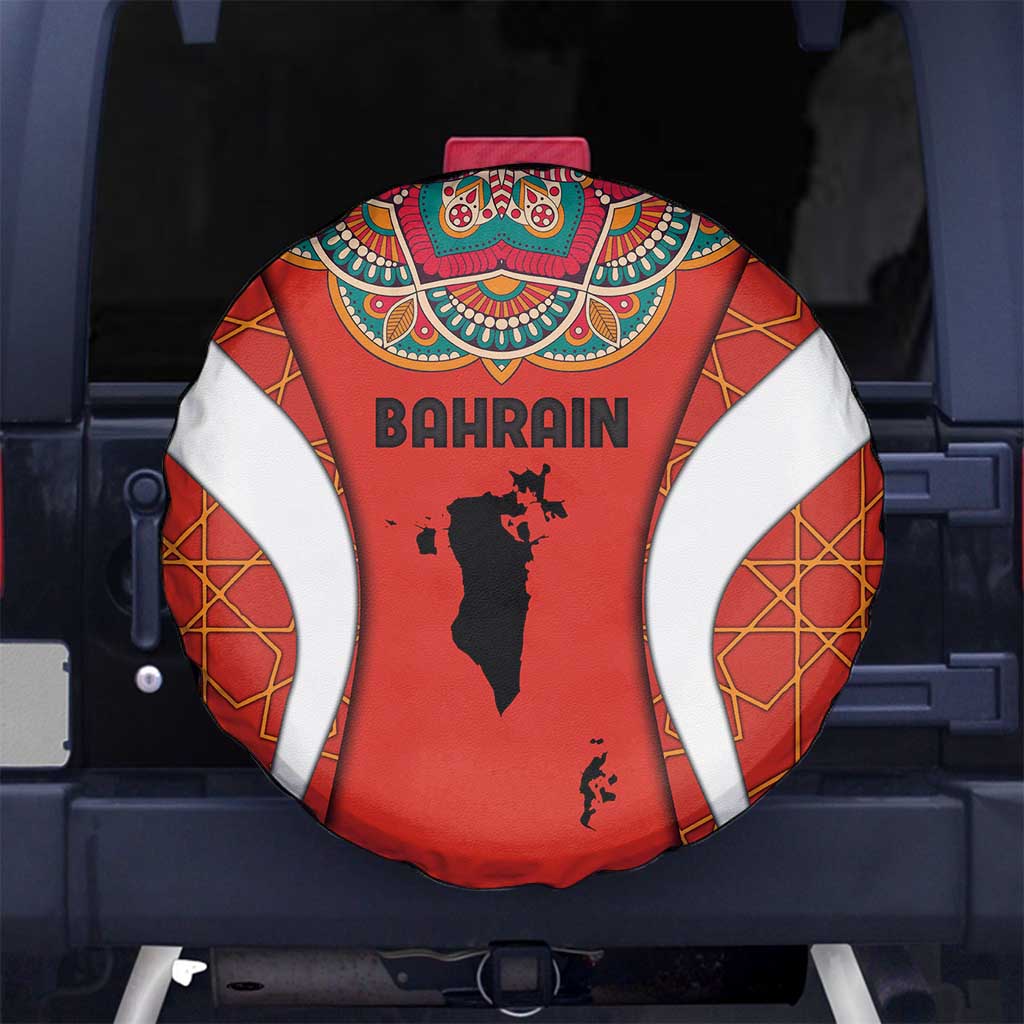Bahrain Mandala Pattern Spare Tire Cover with National Map and Arabic Geometric Design