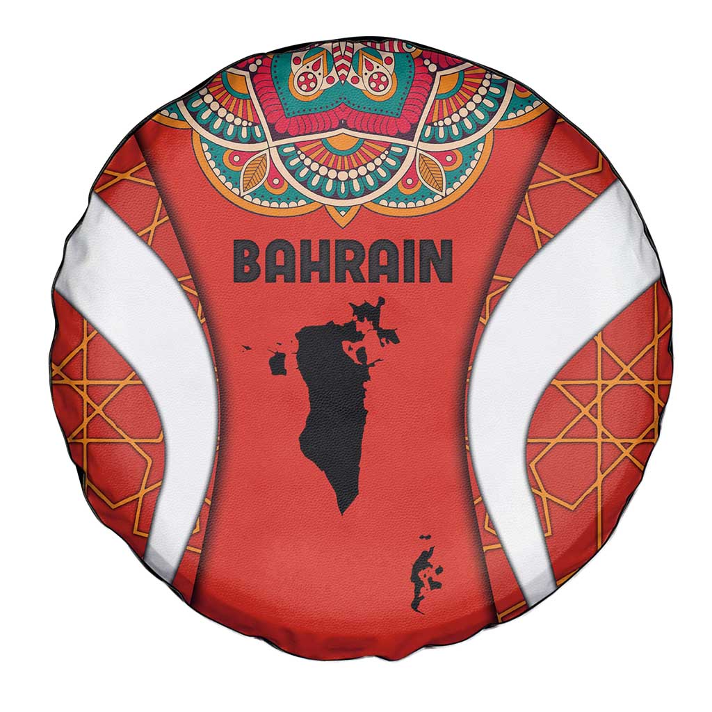 Bahrain Mandala Pattern Spare Tire Cover with National Map and Arabic Geometric Design