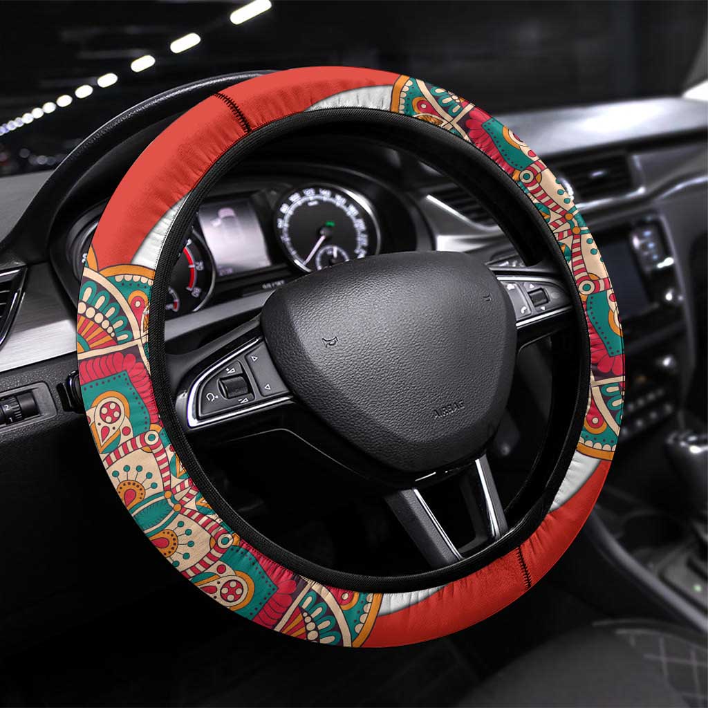 Bahrain Mandala Pattern Steering Wheel Cover with National Map and Arabic Geometric Design