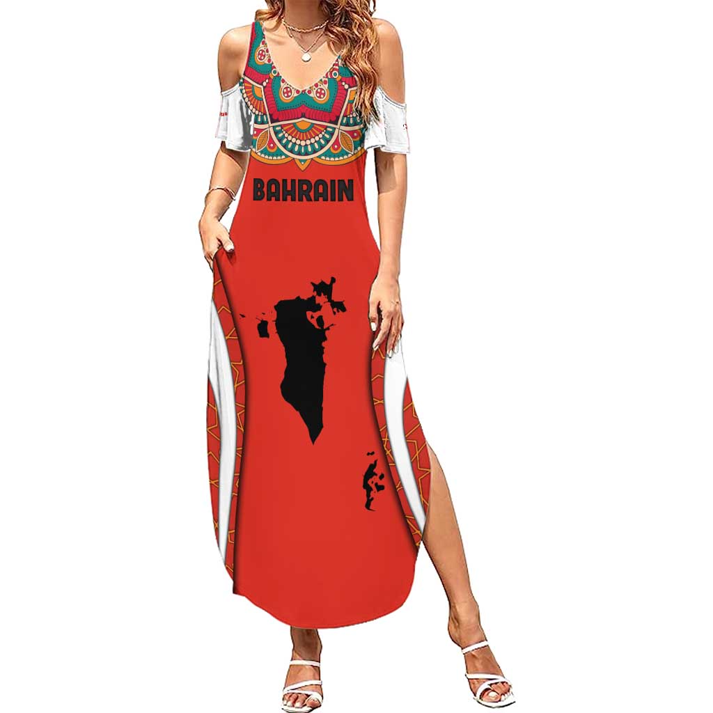 Bahrain Mandala Pattern Summer Maxi Dress with National Map and Arabic Geometric Design