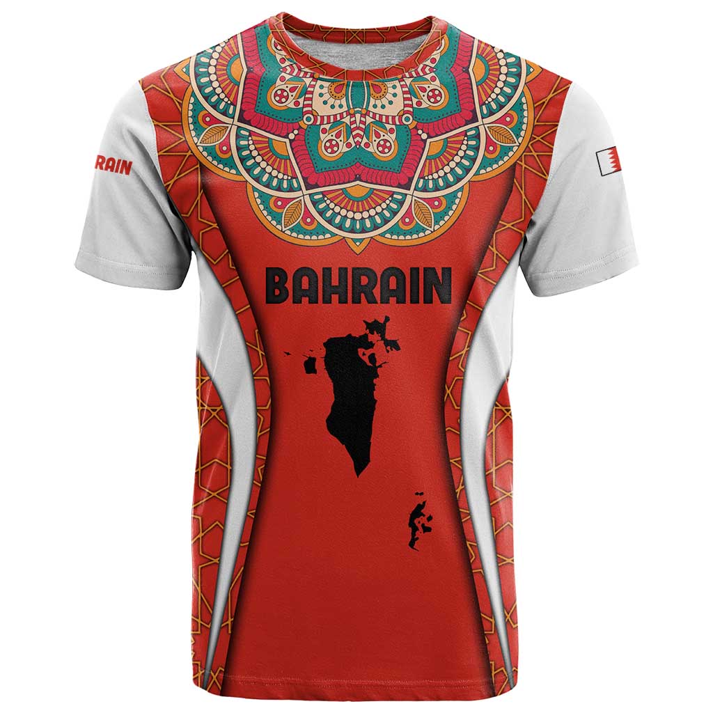 Bahrain Mandala Pattern T Shirt with National Map and Arabic Geometric Design