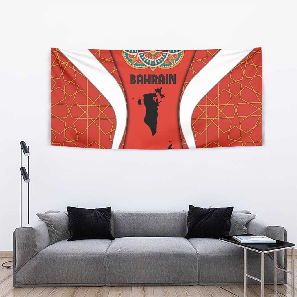 Bahrain Mandala Pattern Tapestry with National Map and Arabic Geometric Design