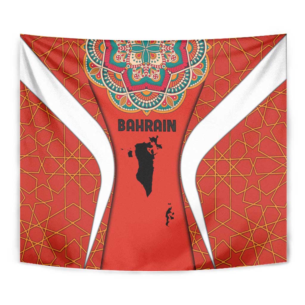 Bahrain Mandala Pattern Tapestry with National Map and Arabic Geometric Design
