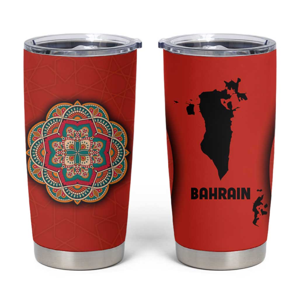 Bahrain Mandala Pattern Tumbler Cup with National Map and Arabic Geometric Design