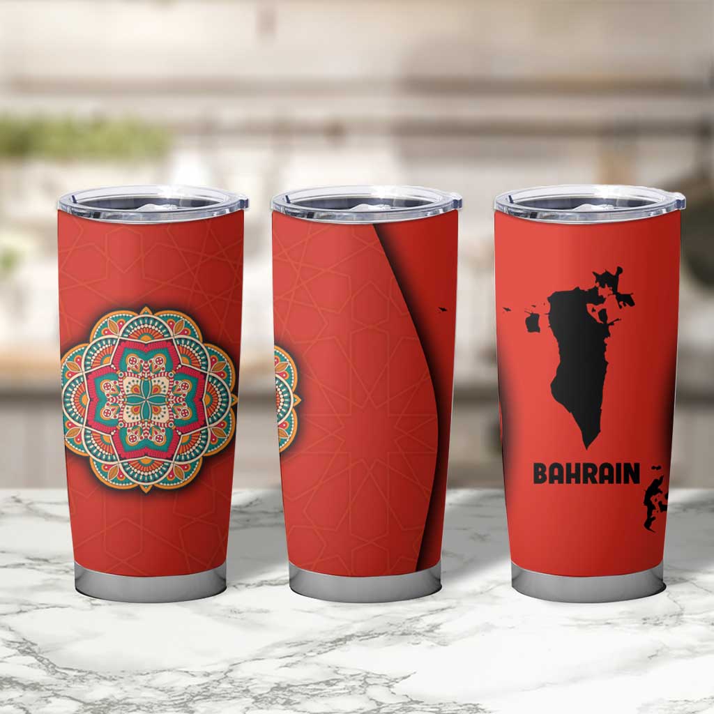 Bahrain Mandala Pattern Tumbler Cup with National Map and Arabic Geometric Design