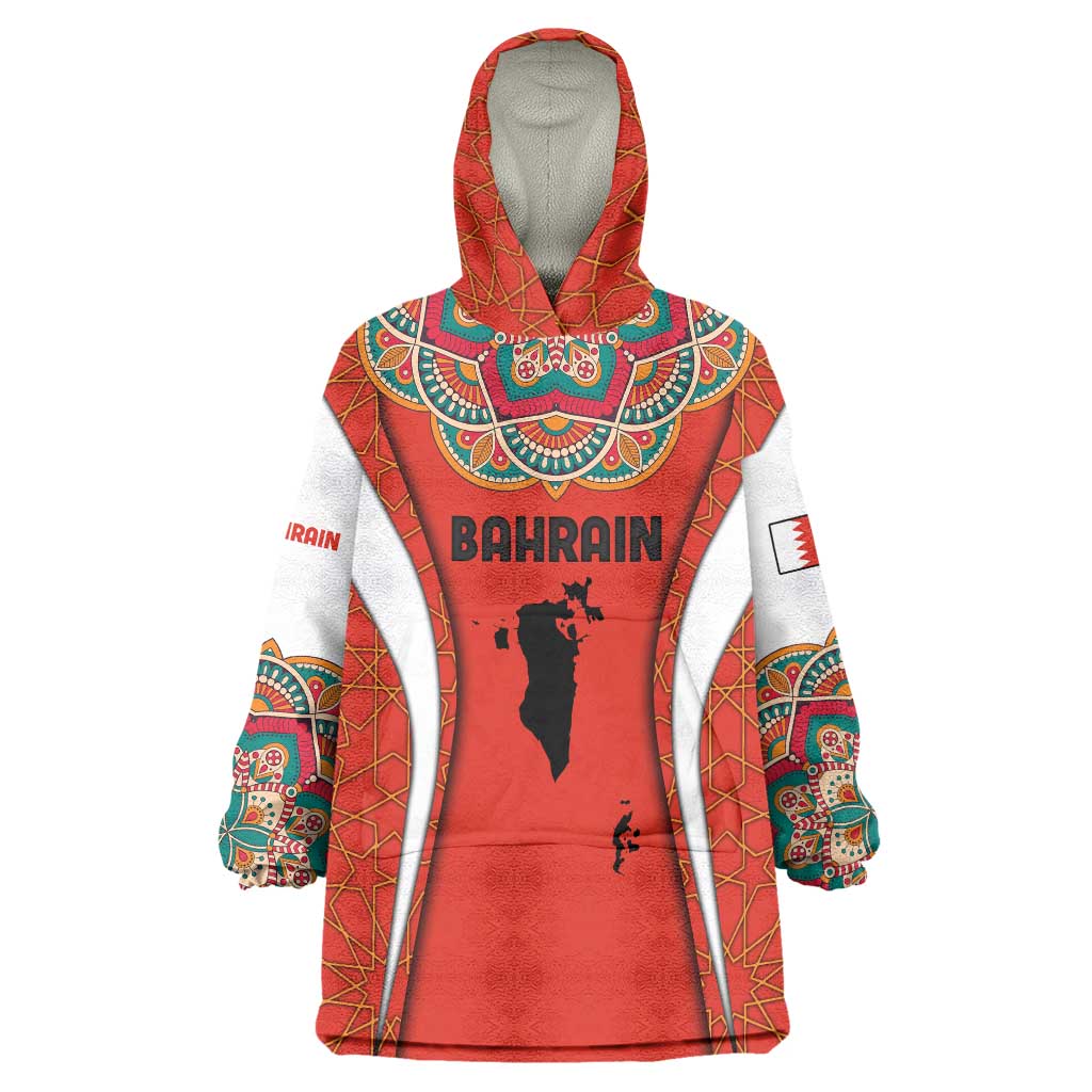 Bahrain Mandala Pattern Wearable Blanket Hoodie with National Map and Arabic Geometric Design