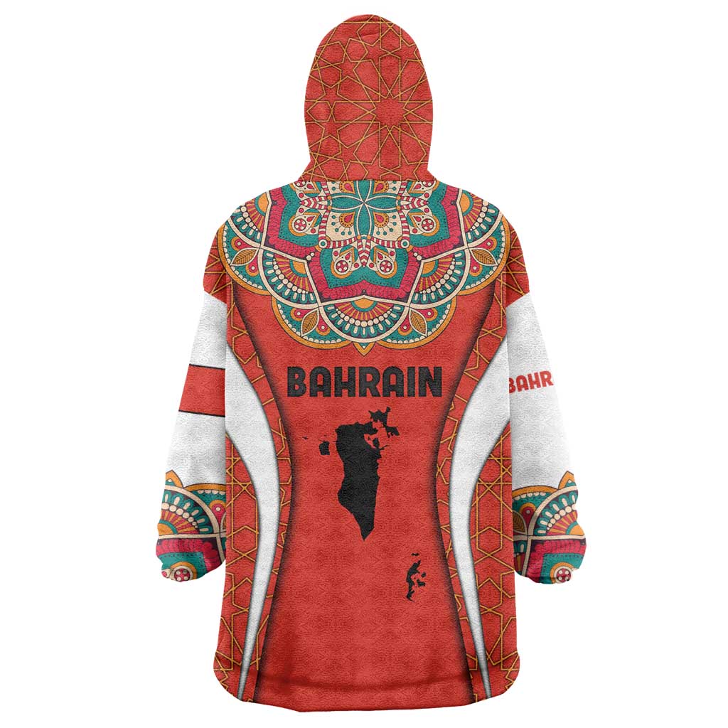 Bahrain Mandala Pattern Wearable Blanket Hoodie with National Map and Arabic Geometric Design