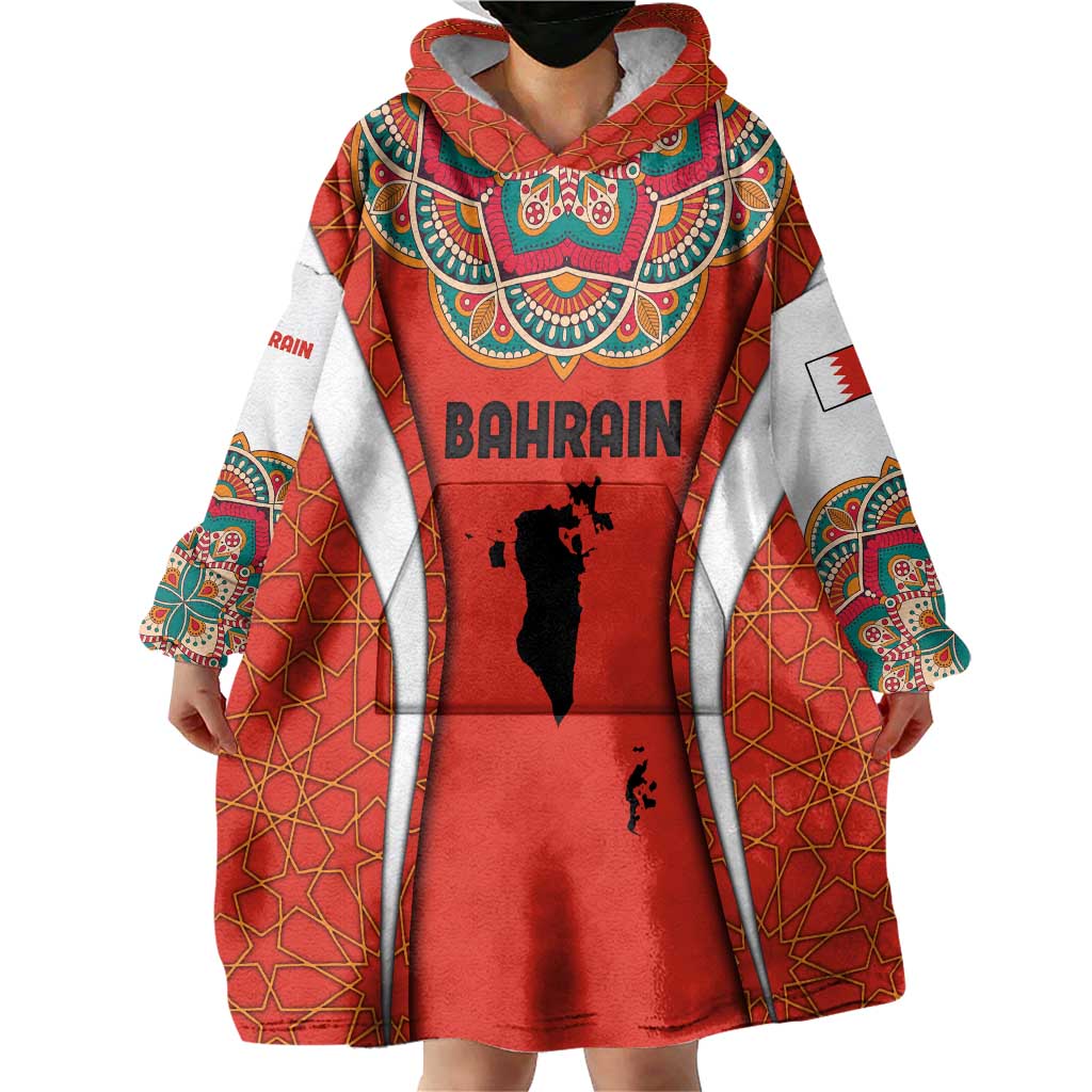 Bahrain Mandala Pattern Wearable Blanket Hoodie with National Map and Arabic Geometric Design