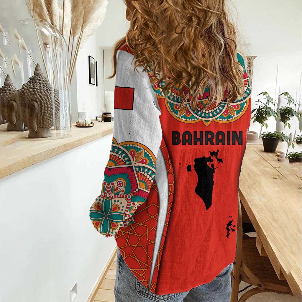 Bahrain Mandala Pattern Women Casual Shirt with National Map and Arabic Geometric Design