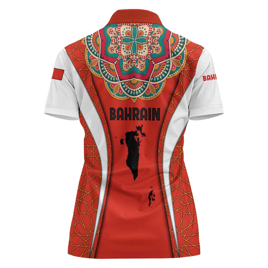 Bahrain Mandala Pattern Women Polo Shirt with National Map and Arabic Geometric Design