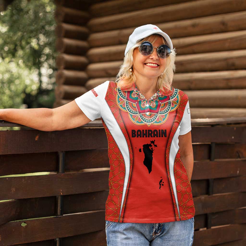 Bahrain Mandala Pattern Women Polo Shirt with National Map and Arabic Geometric Design