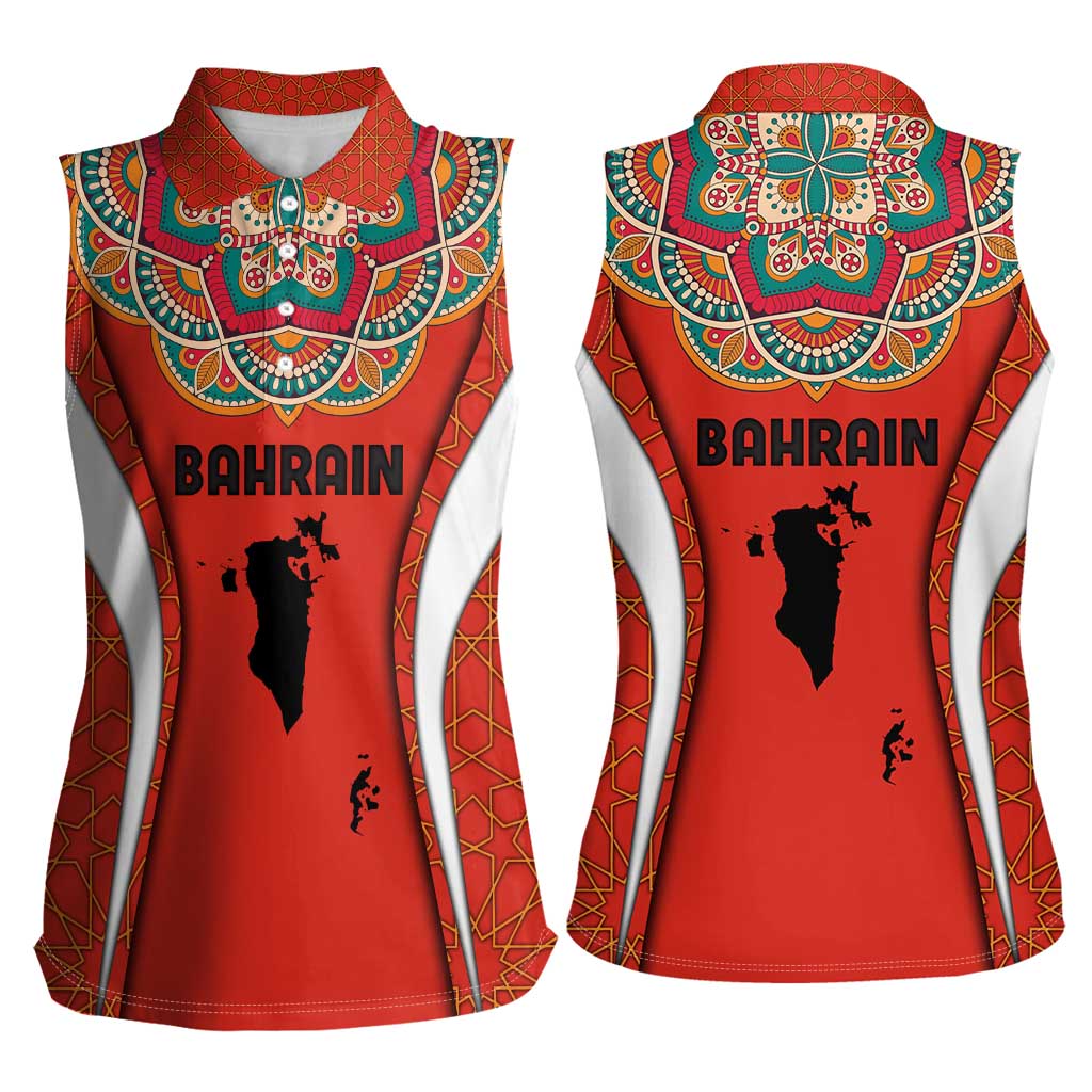 Bahrain Mandala Pattern Women Sleeveless Polo Shirt with National Map and Arabic Geometric Design
