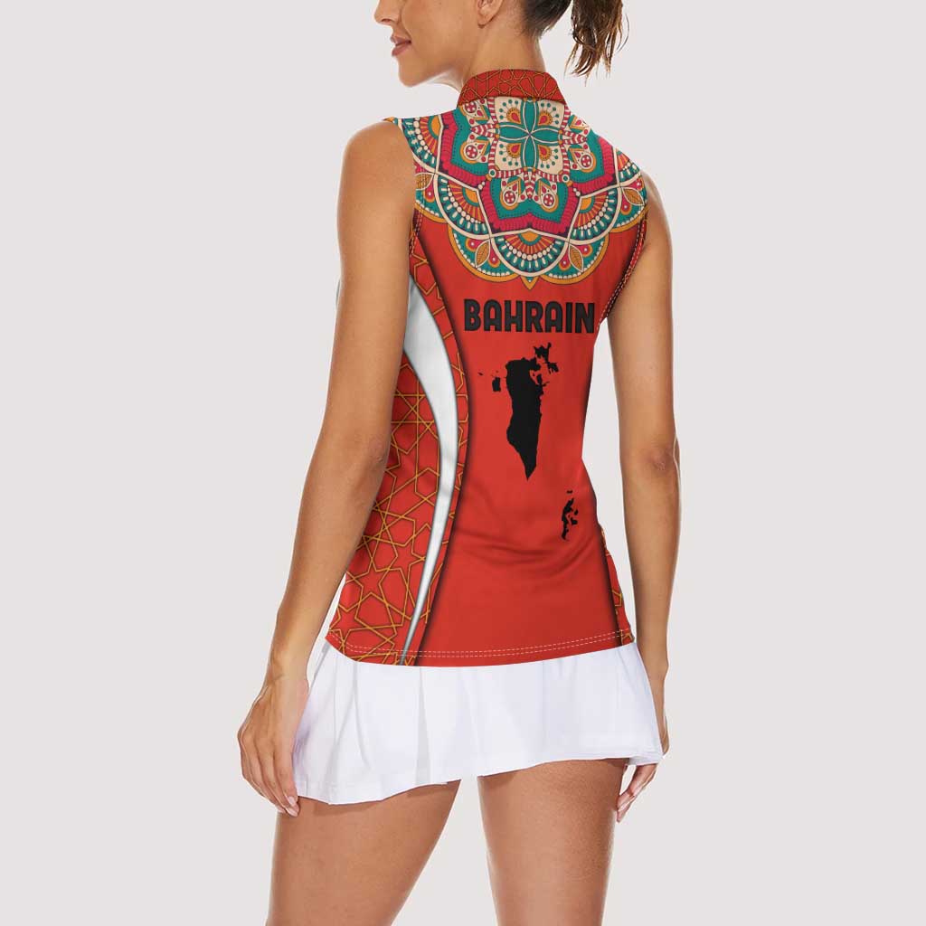 Bahrain Mandala Pattern Women Sleeveless Polo Shirt with National Map and Arabic Geometric Design