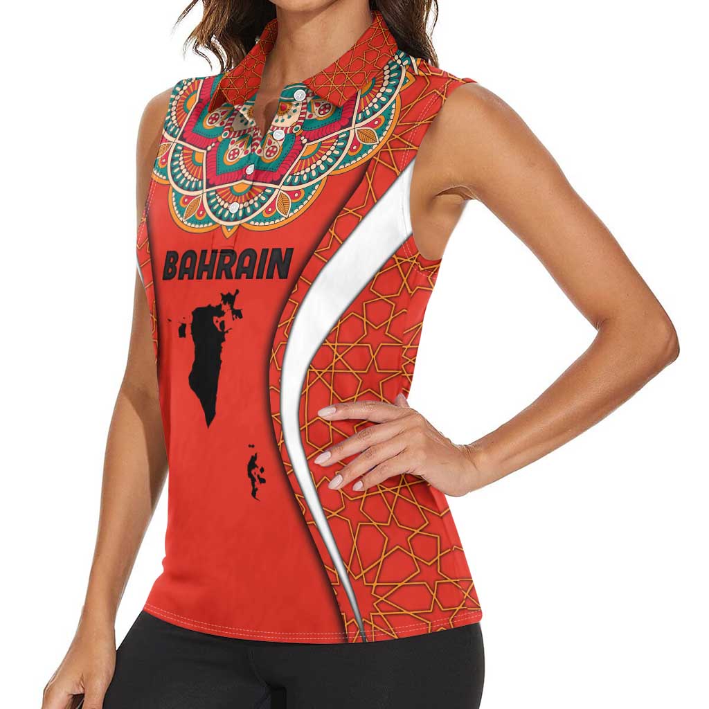 Bahrain Mandala Pattern Women Sleeveless Polo Shirt with National Map and Arabic Geometric Design