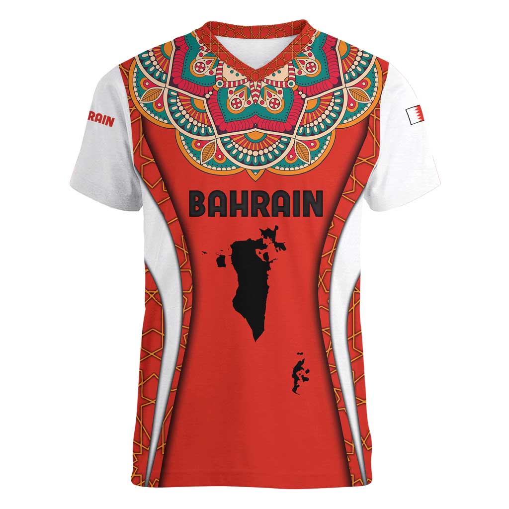 Bahrain Mandala Pattern Women V-Neck T-Shirt with National Map and Arabic Geometric Design