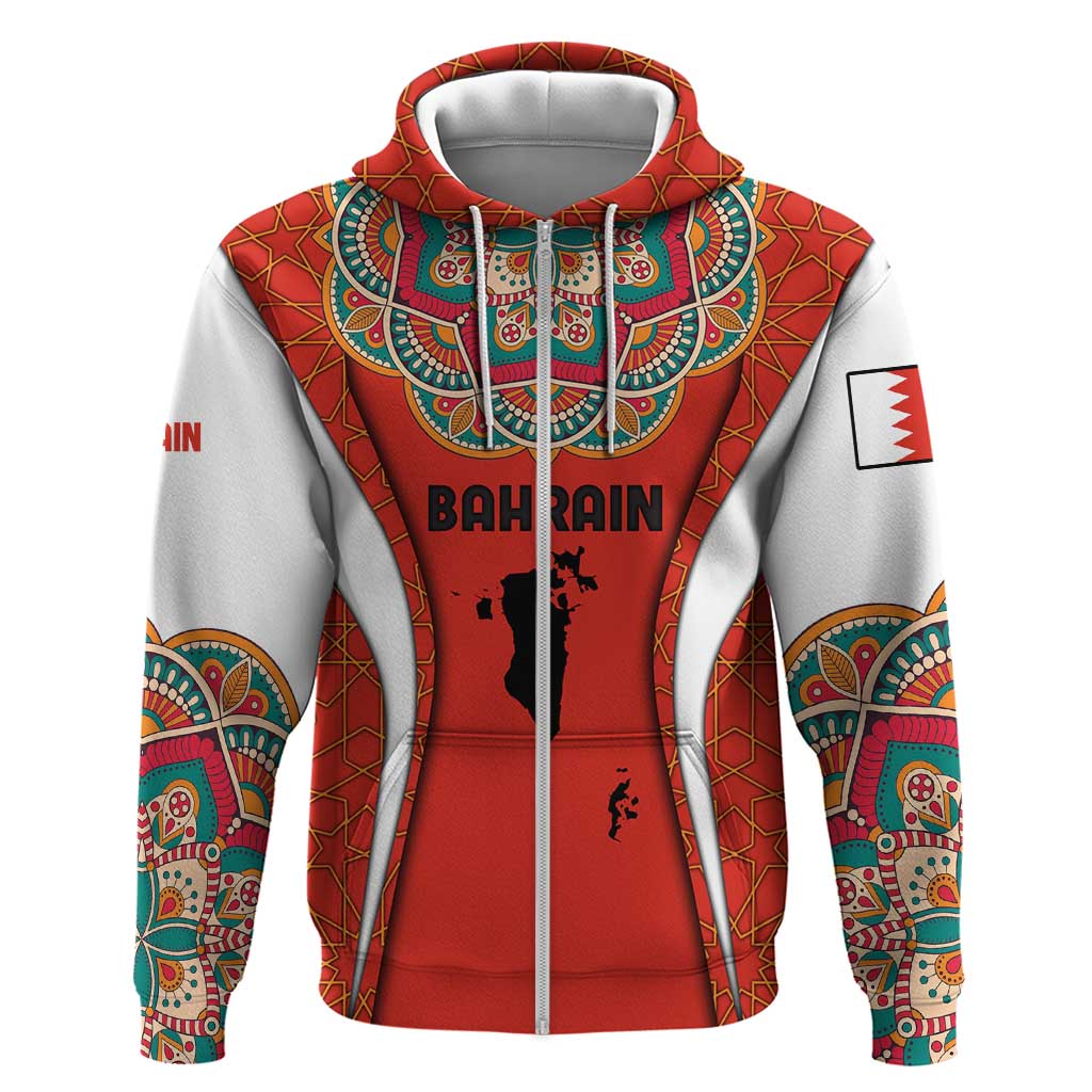 Bahrain Mandala Pattern Zip Hoodie with National Map and Arabic Geometric Design