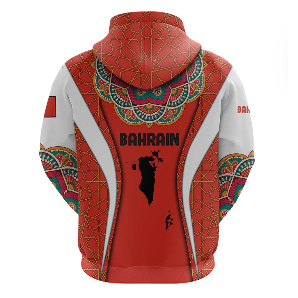 Bahrain Mandala Pattern Zip Hoodie with National Map and Arabic Geometric Design