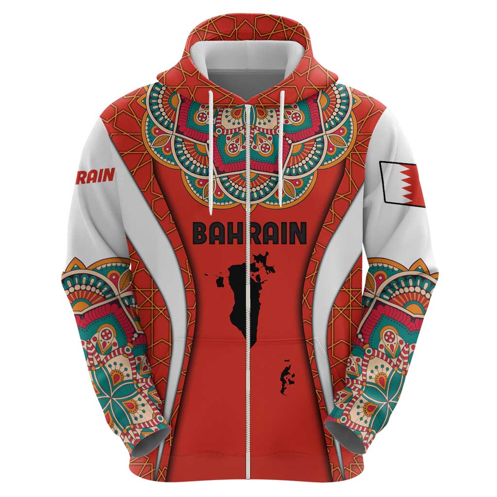 Bahrain Mandala Pattern Zip Hoodie with National Map and Arabic Geometric Design