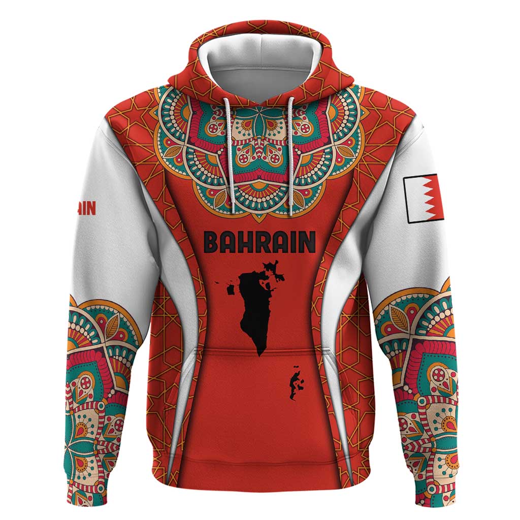 Bahrain Mandala Pattern Zip Hoodie with National Map and Arabic Geometric Design