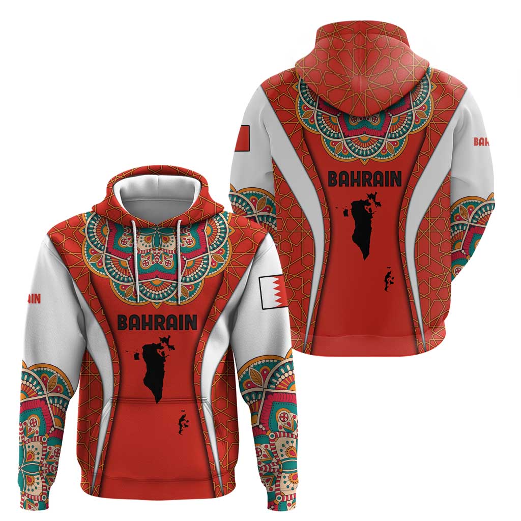 Bahrain Mandala Pattern Zip Hoodie with National Map and Arabic Geometric Design