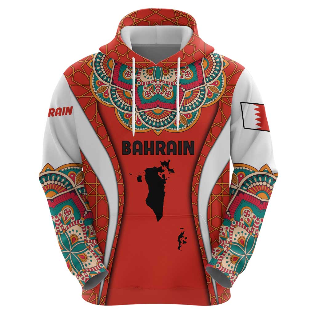 Bahrain Mandala Pattern Zip Hoodie with National Map and Arabic Geometric Design