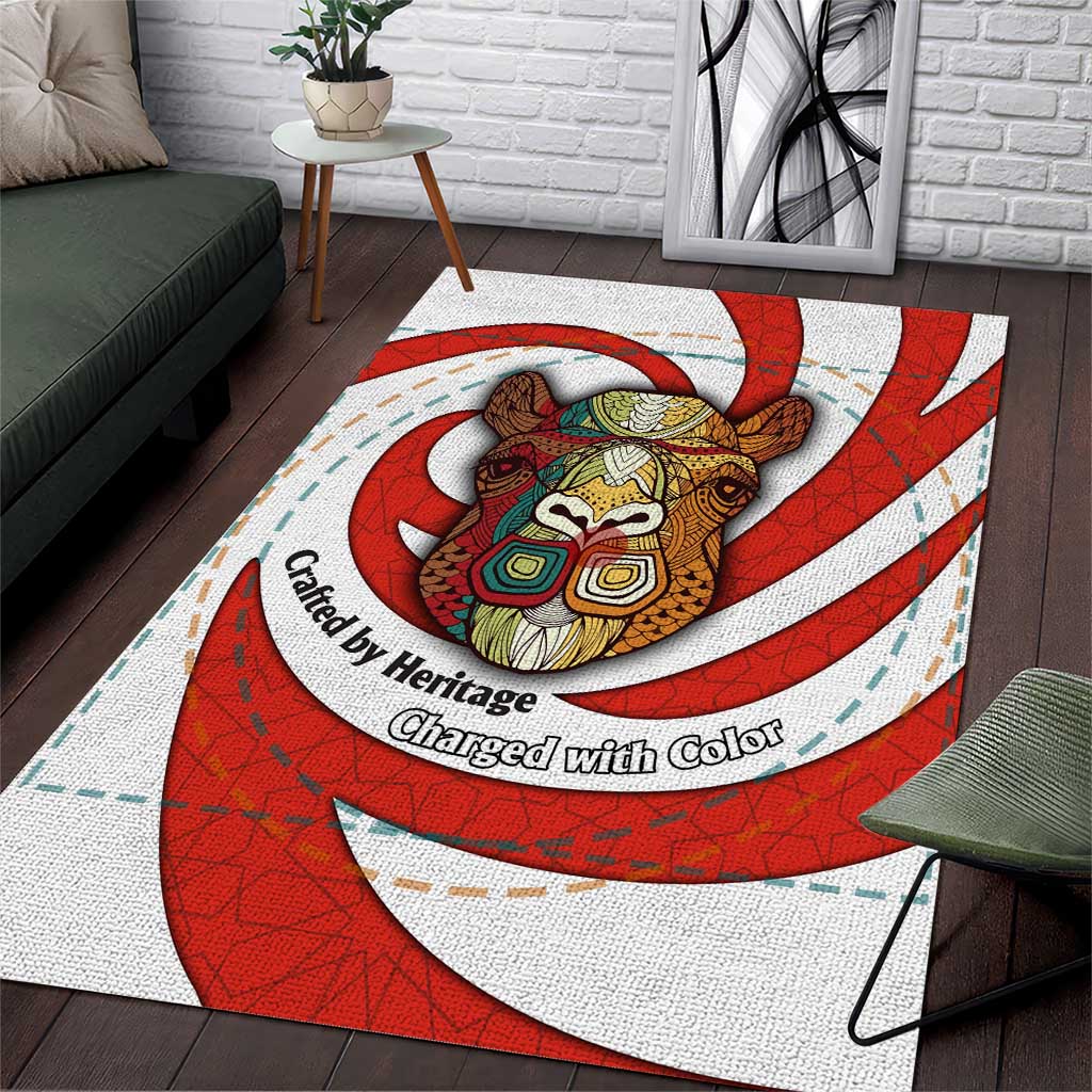 Bahrain Tribal Camel Area Rug with Red Mosaic Swirl and Heritage Slogan