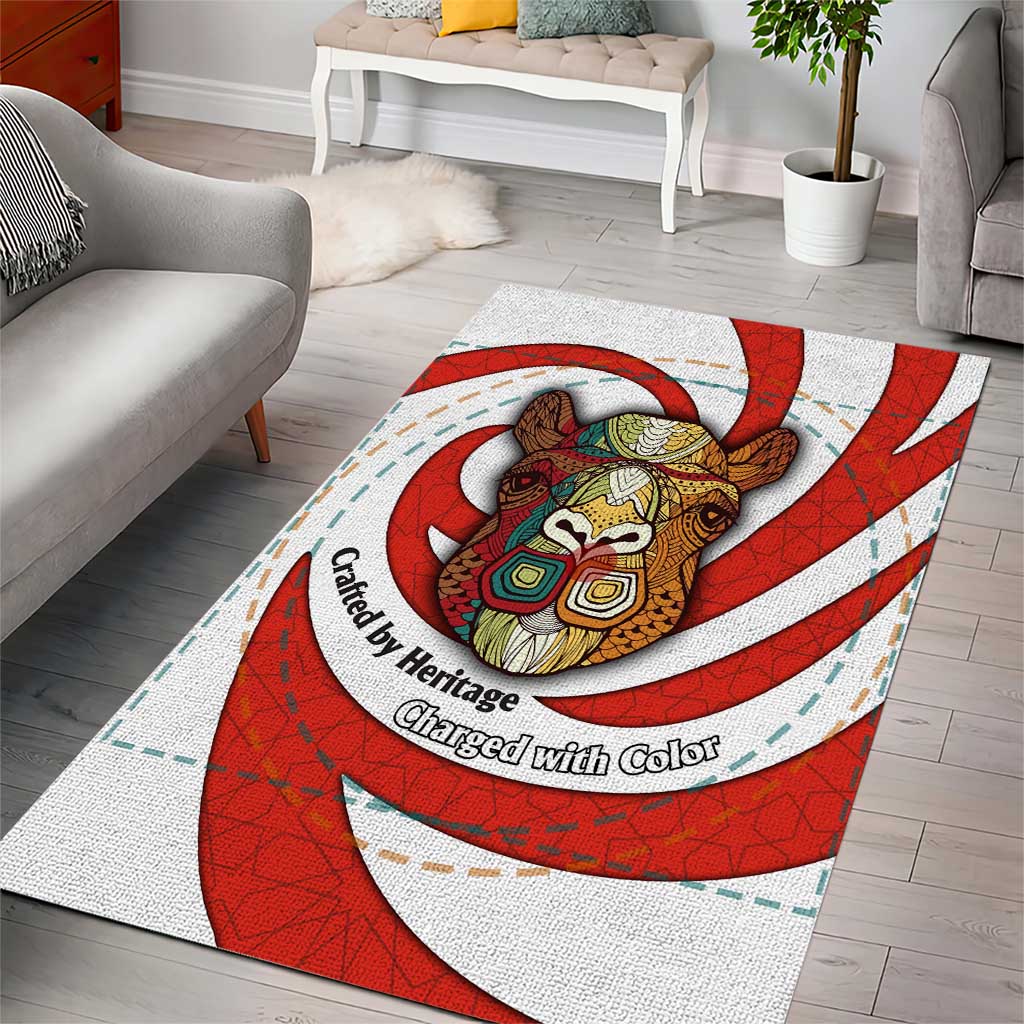 Bahrain Tribal Camel Area Rug with Red Mosaic Swirl and Heritage Slogan