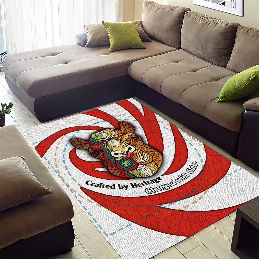 Bahrain Tribal Camel Area Rug with Red Mosaic Swirl and Heritage Slogan