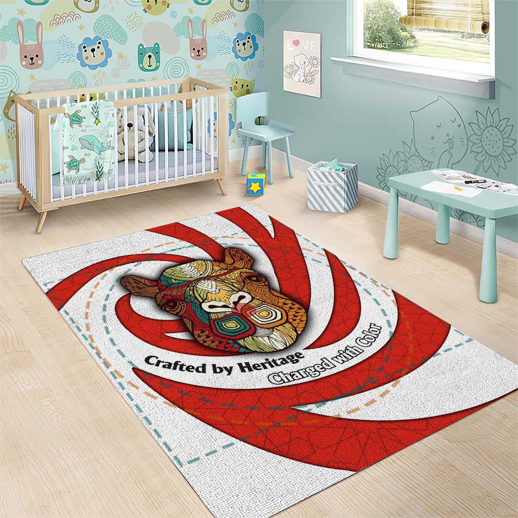 Bahrain Tribal Camel Area Rug with Red Mosaic Swirl and Heritage Slogan