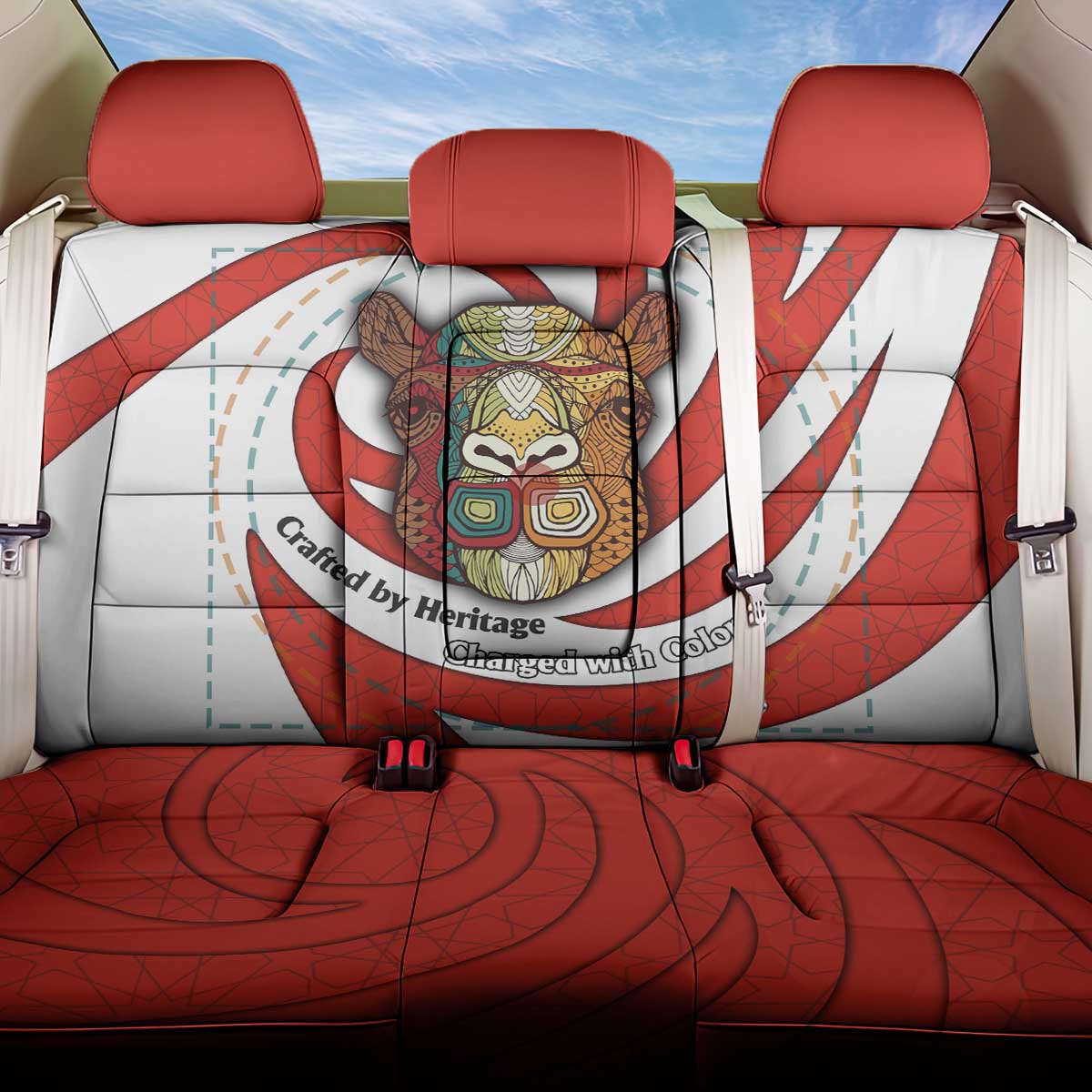 Bahrain Tribal Camel Back Car Seat Cover with Red Mosaic Swirl and Heritage Slogan