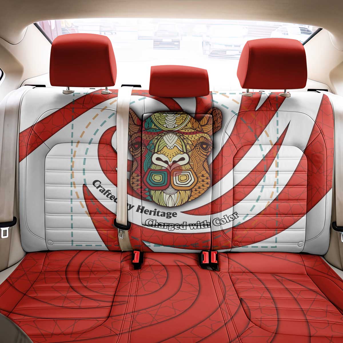 Bahrain Tribal Camel Back Car Seat Cover with Red Mosaic Swirl and Heritage Slogan