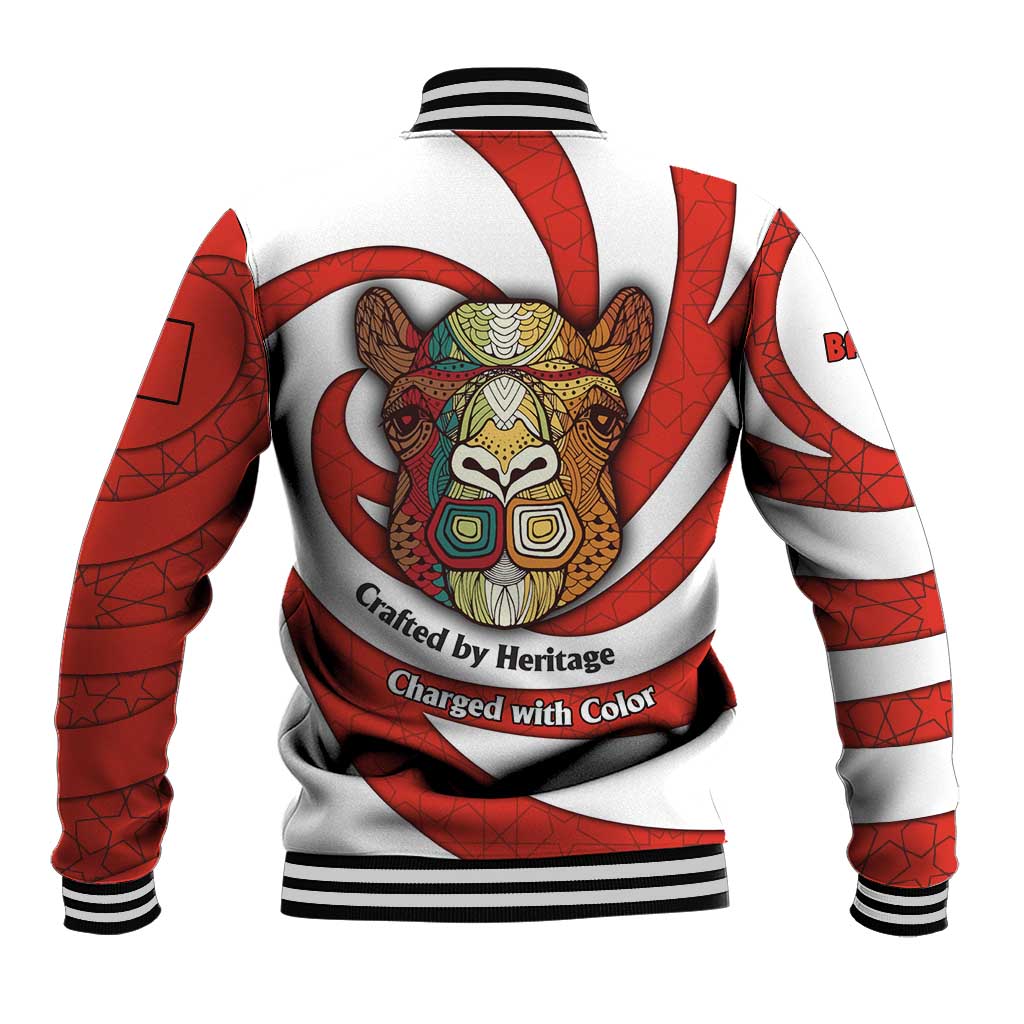 Bahrain Tribal Camel Baseball Jacket with Red Mosaic Swirl and Heritage Slogan