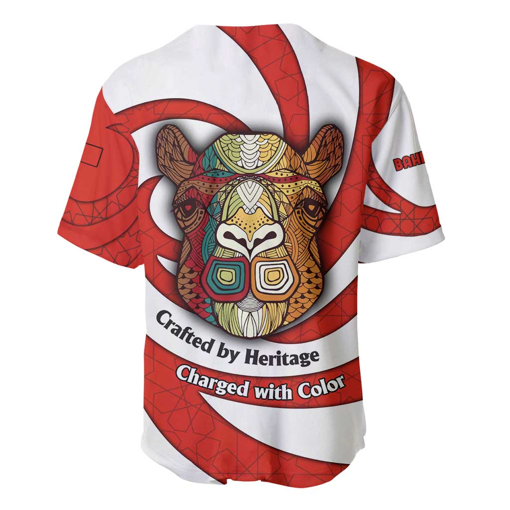 Bahrain Tribal Camel Baseball Jersey with Red Mosaic Swirl and Heritage Slogan