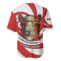 Bahrain Tribal Camel Baseball Jersey with Red Mosaic Swirl and Heritage Slogan