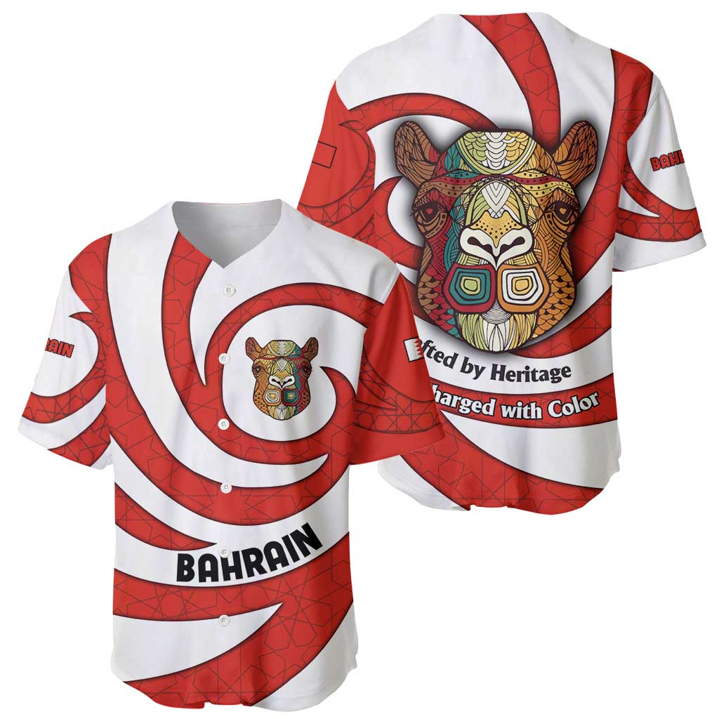 Bahrain Tribal Camel Baseball Jersey with Red Mosaic Swirl and Heritage Slogan
