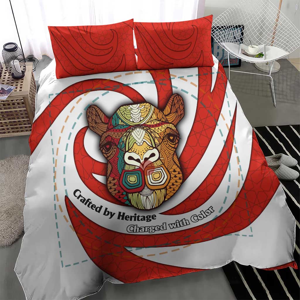 Bahrain Tribal Camel Bedding Set with Red Mosaic Swirl and Heritage Slogan
