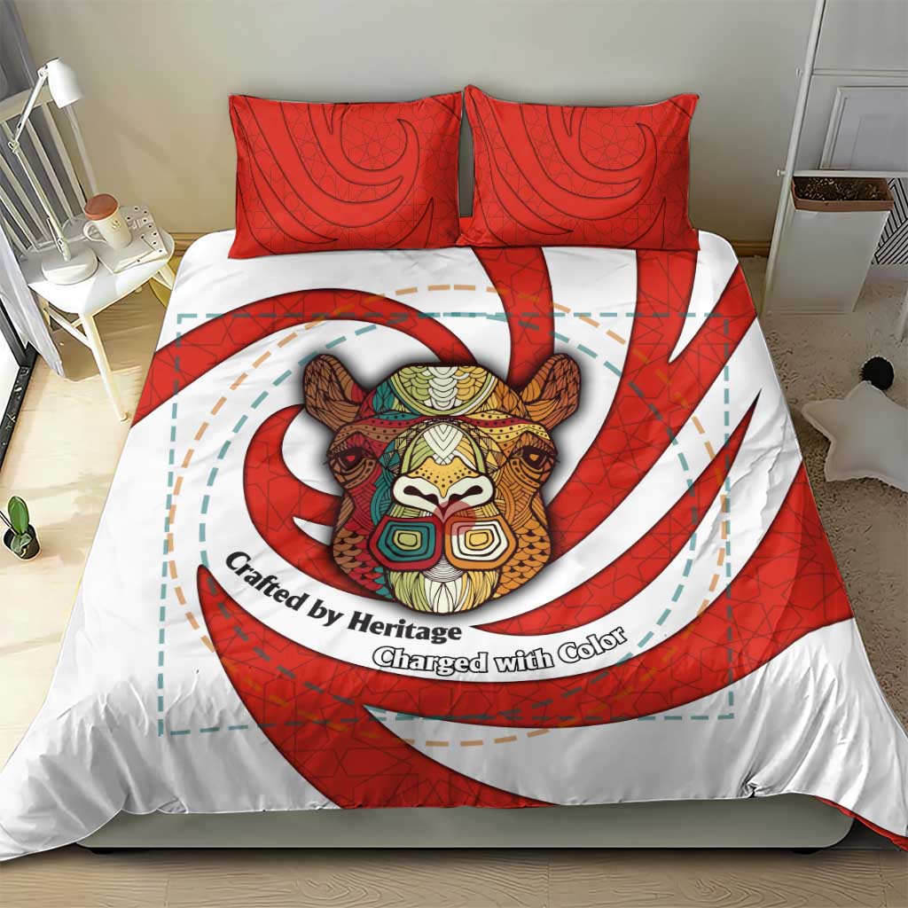 Bahrain Tribal Camel Bedding Set with Red Mosaic Swirl and Heritage Slogan