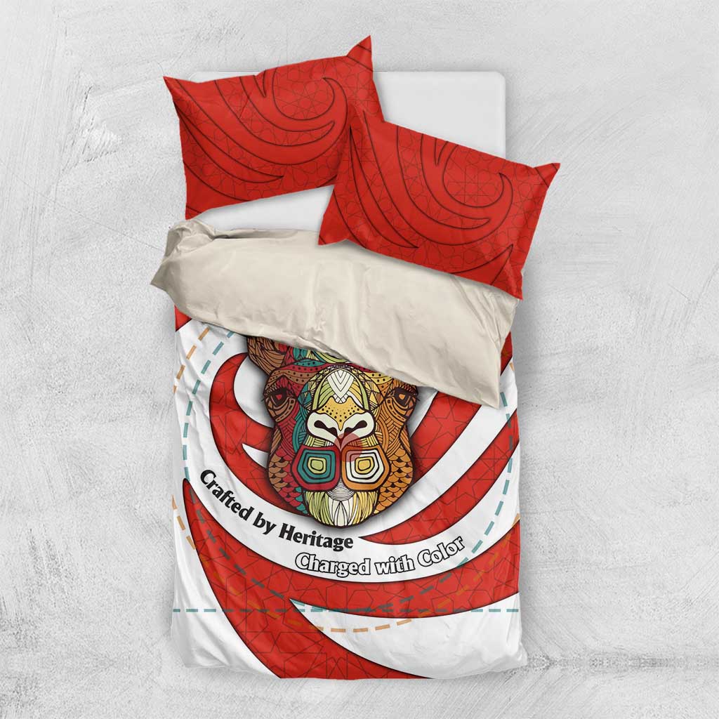 Bahrain Tribal Camel Bedding Set with Red Mosaic Swirl and Heritage Slogan