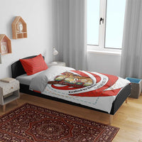 Bahrain Tribal Camel Bedding Set with Red Mosaic Swirl and Heritage Slogan