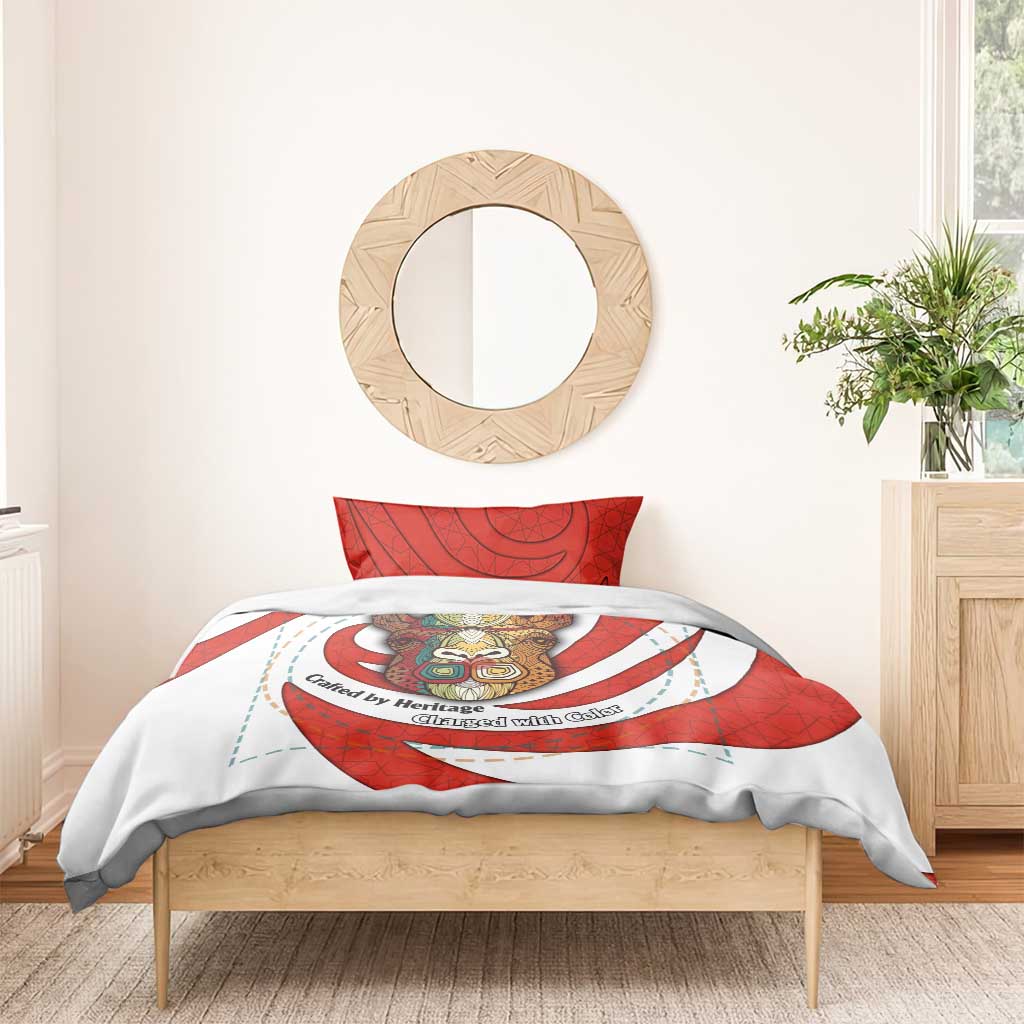 Bahrain Tribal Camel Bedding Set with Red Mosaic Swirl and Heritage Slogan