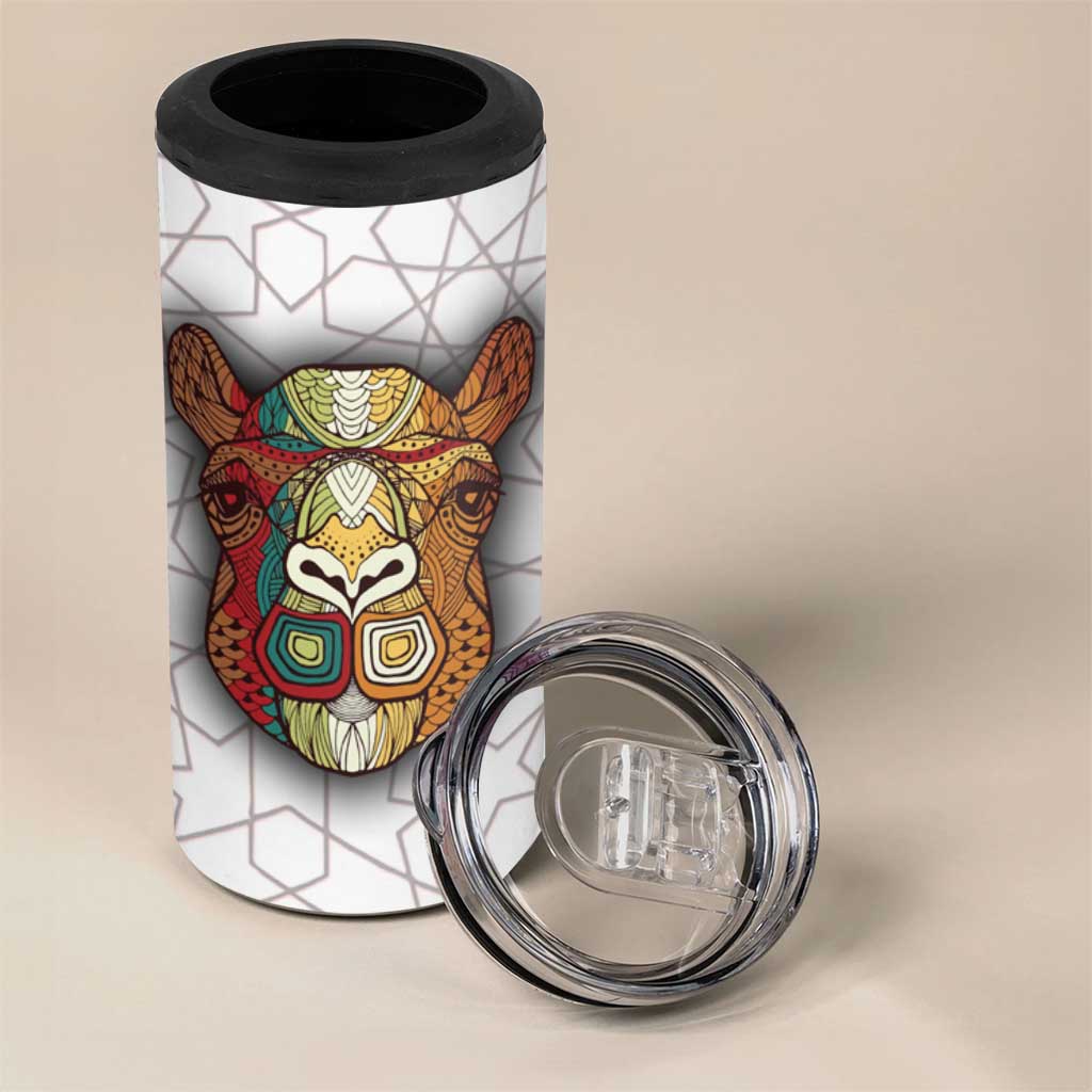 Bahrain Tribal Camel 4 in 1 Can Cooler Tumbler with Red Mosaic Swirl and Heritage Slogan